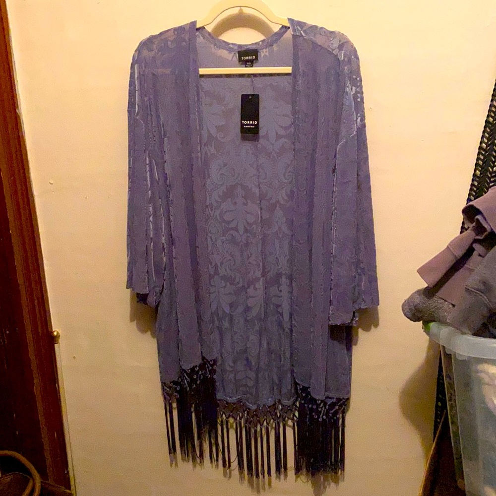 NWT Torrid Fringe Kimono - Grey/Blue - 3/4